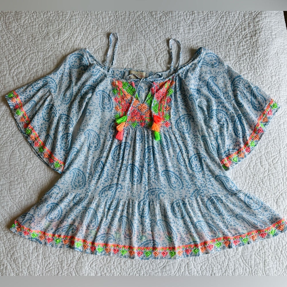 MISS JUNE PARIS Peasant Blouse Top White Blue Paisley, Pink Embroidered Tassels